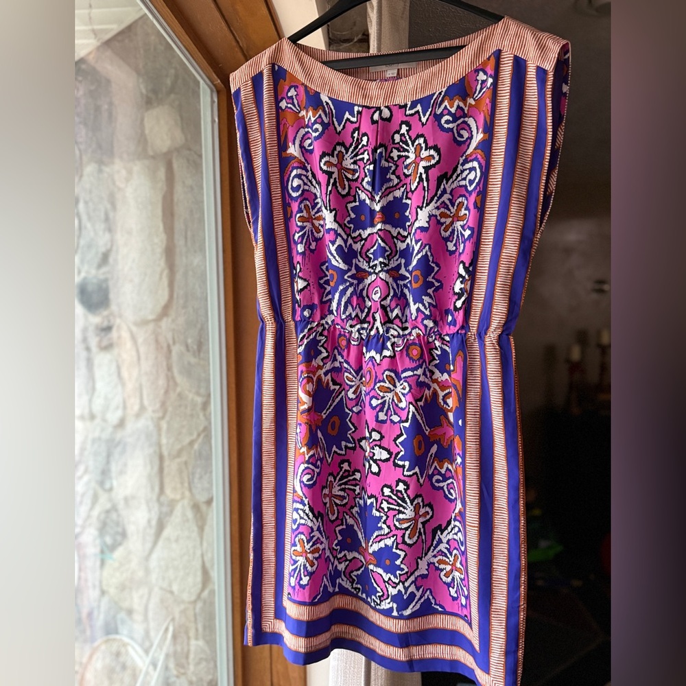 LOFT Vibrant Pink and Blue Patterned Dress